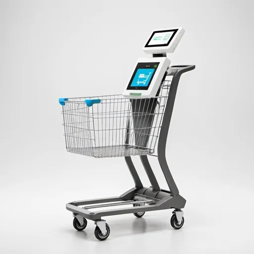 Prompt: Small automatic checkout smart shopping cart, white background