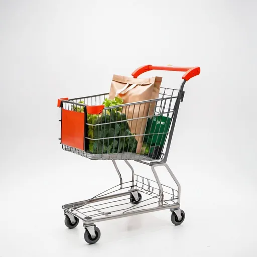 Prompt: Small automatic checkout smart shopping cart, Has a reusable bag ，white background