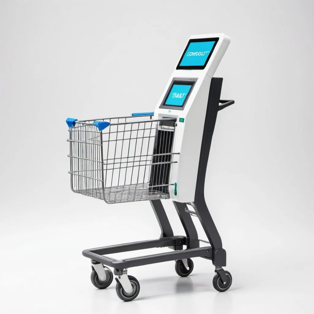 Prompt: Small automatic checkout smart shopping cart, white background