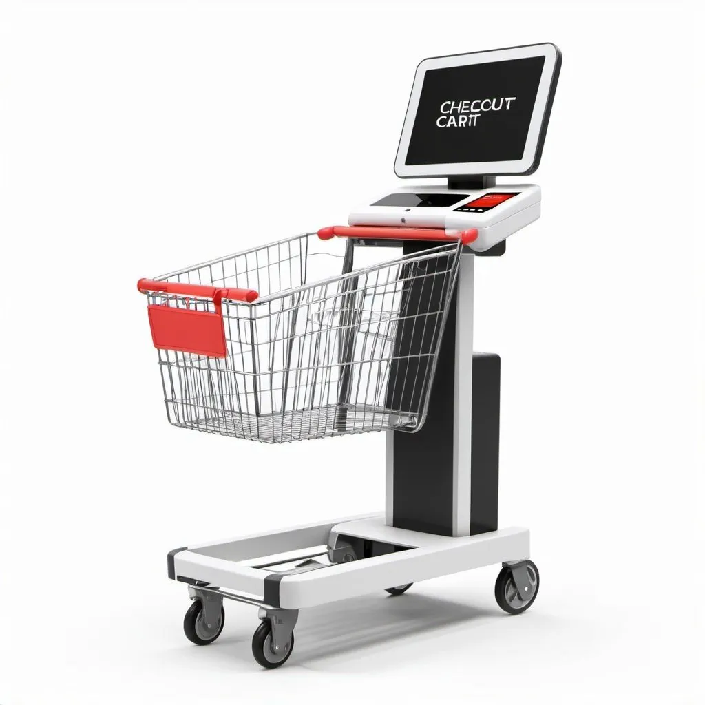 Prompt: Small automatic checkout smart shopping cart, white background