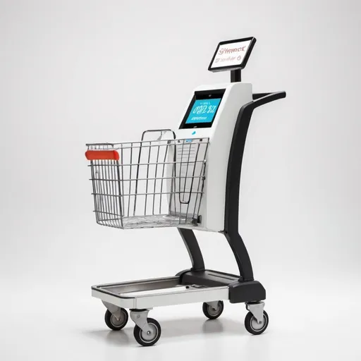 Prompt: Small automatic checkout smart shopping cart, white background