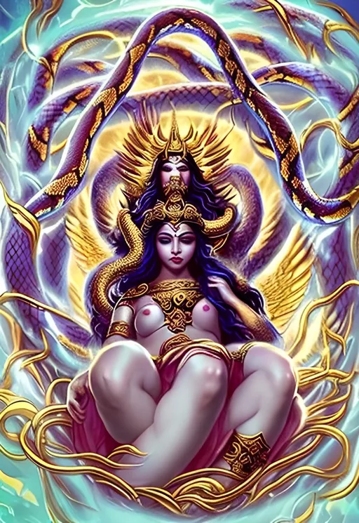 Prompt: Divine beauty betraying the sworn for deities to stumble over. lust lavish with gold innocence. Raised in fierce praise. the halo covered in bright snakes. Toes lapping up the ejaculation. 