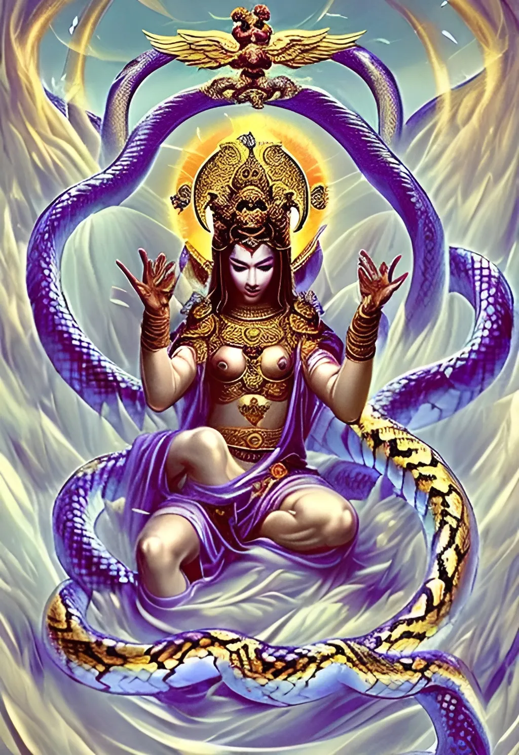 Prompt: Divine beauty betraying the sworn for deities to stumble over. lust lavish with gold innocence. Raised in fierce praise. the halo covered in bright snakes. Toes lapping up the ejaculation. 