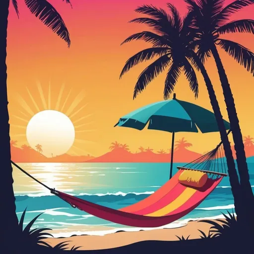 Prompt: Illustrate Silhouette of Palm Trees Sea Waves, sun, and a single beach umbrella in vibrant colours. Calm, serene, enjoying the vacation vibes on a hammock with a coconut