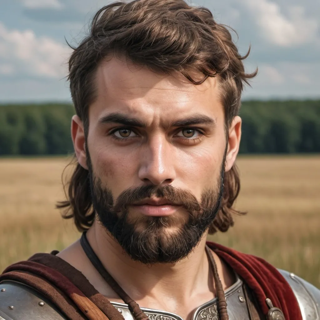 Prompt: germanic cherusci warrior portrait brunette  bearded male in plains with cinnamon eyes