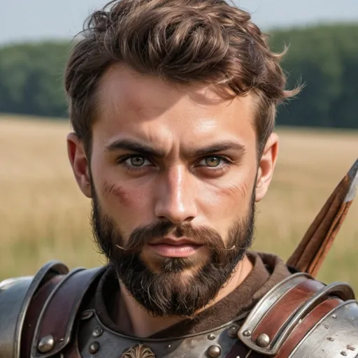 Prompt: germanic cherusci warrior brunette bearded male in plains with cinnamon eyes banded armor 