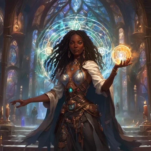 Prompt: A  sorceress summoning a portal in <mymodel> artstyle, dark skin, medium locs, In her forties, intelligent, shy, sensual beauty, colorfull, great hall