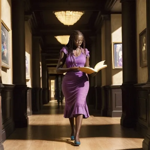 Prompt: Tall young woman walking down the high street, detailed clothing, realistic, natural lighting, full body, Sorceress, dark skin, medium locs, In her forties, intelligent, shy, sensual beauty, book in hand, colorfull, great hall