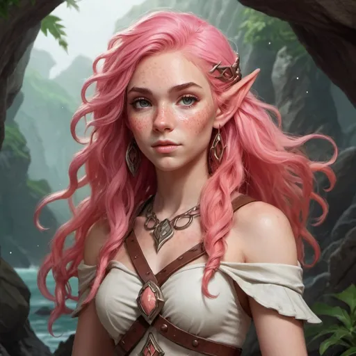 Prompt: dungeons and dragons, elf warior,pink skin, coral hair, freckles, female, druid, wavy hair 
