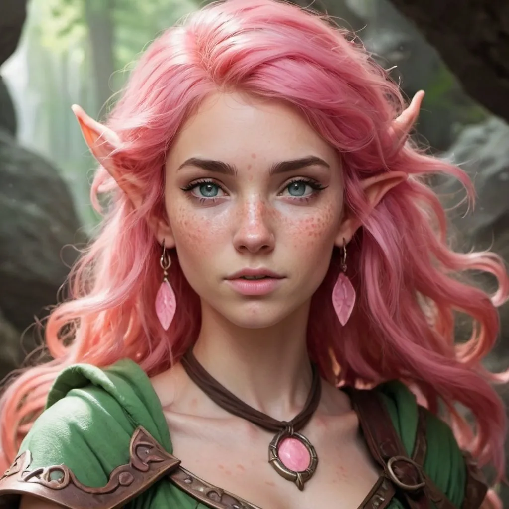 Prompt: dungeons and dragons, elf warior,pink skin, coral hair, freckles, female, druid, wavy hair 