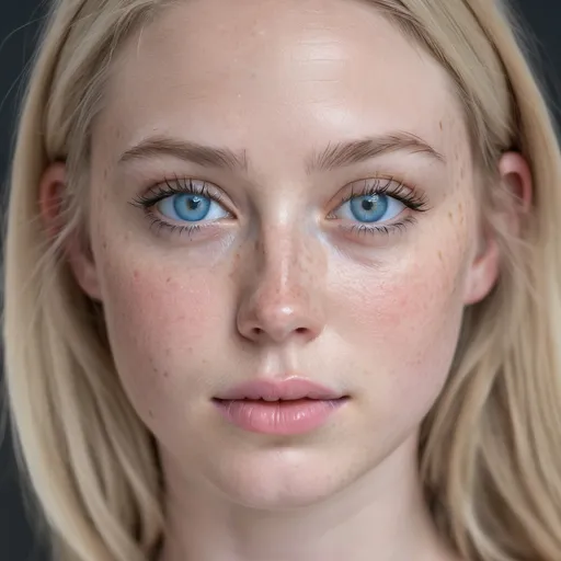 Prompt: This is a close-up photograph of a young woman with fair skin and light blonde hair that falls straight past her shoulders. She has striking, light blue eyes accentuated by long, dark eyelashes and subtle makeup, including a light pink lip color. Her face is adorned with numerous small freckles across her nose and cheeks, adding a natural and youthful touch. She is resting her left hand gently on her cheek, displaying well-manicured nails with a French tip design. She is wearing a black, ribbed, long-sleeve top. The background is slightly out of focus but appears to be an indoor setting with warm, soft lighting. A partially visible doorframe and a ceiling light can be seen in the background. The overall color palette of the image includes soft, natural tones, with her skin and hair providing a warm contrast to the black top. The photograph emphasizes her facial features and freckles, creating an intimate and personal portrait.