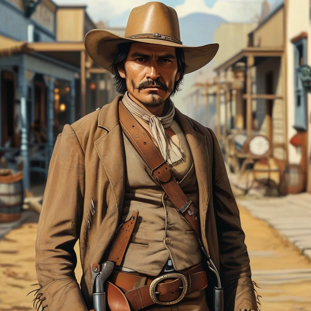 Prompt: Mexican gunfighter 1880 with gun belt west town
