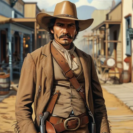 Prompt: Mexican gunfighter 1880 with gun belt west town
