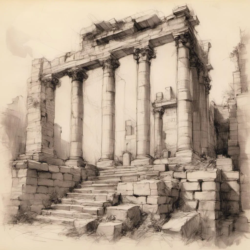 Prompt: <mymodel> pencil-sketch of a ruin of a Roman temple