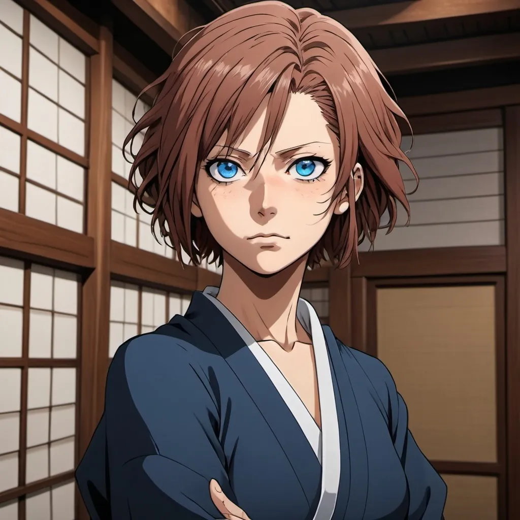 Prompt: 2d Jujutsu Kaisen anime style, defiant female college professor, brown shoulder length hair, intense blue eyes, expressive facial features, bold gaze, mature woman. time travel to sengoku Japan. sengoku era traveling clothes.
