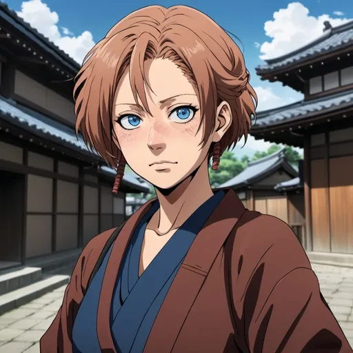 Prompt: 2d Jujutsu Kaisen anime style, defiant female college professor, brown shoulder length hair, intense blue eyes, expressive facial features, mature woman. time travel to sengoku Japan. azuchi mamoyama era traveling clothes.
