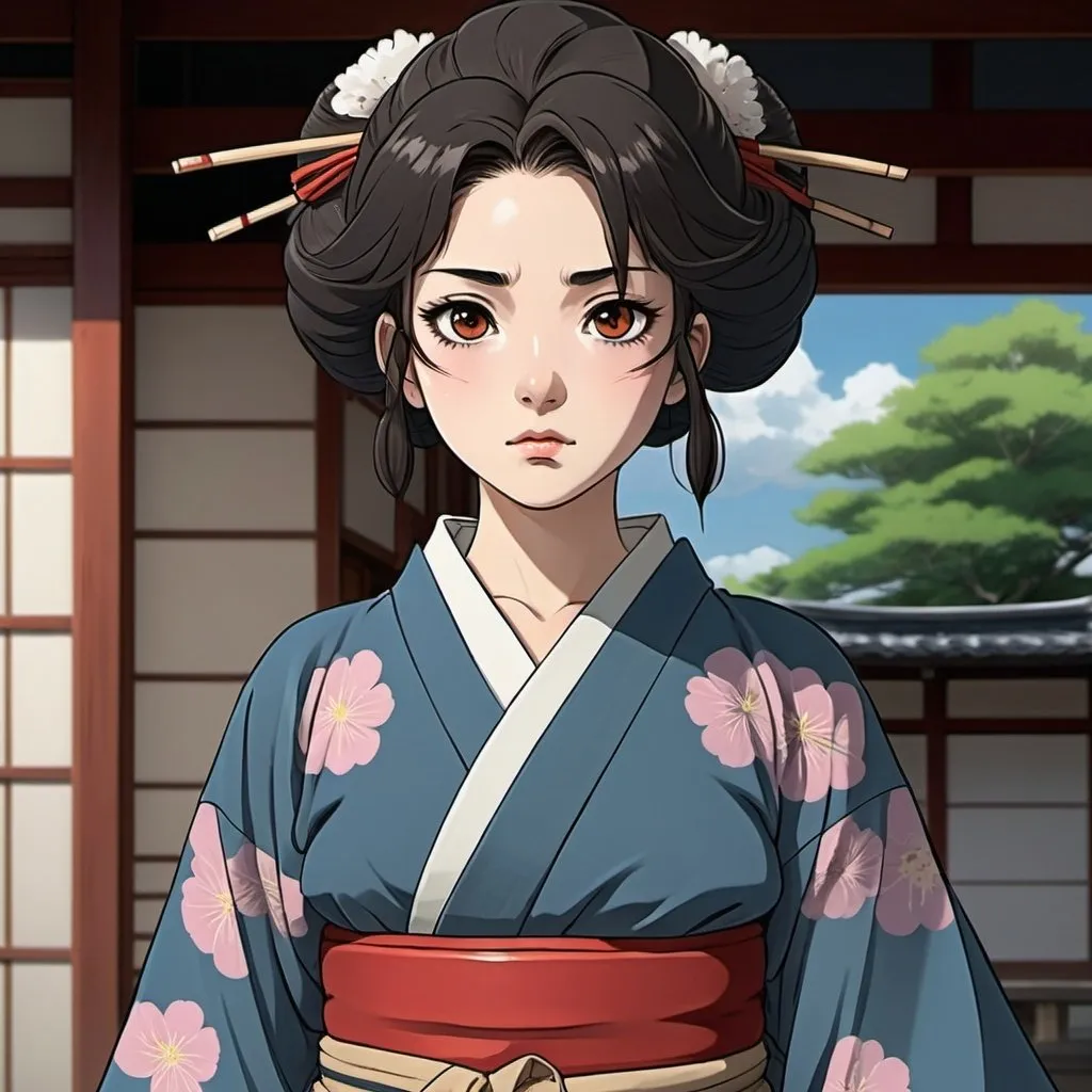 Prompt: 2d studio ghibli anime style, female geisha in training, intense brown eyes, dark hair, expressive facial features, bold gaze, teenage girl. sengoku Japan. Yukata. sengoku era traveling clothes. 2d Ghibli anime