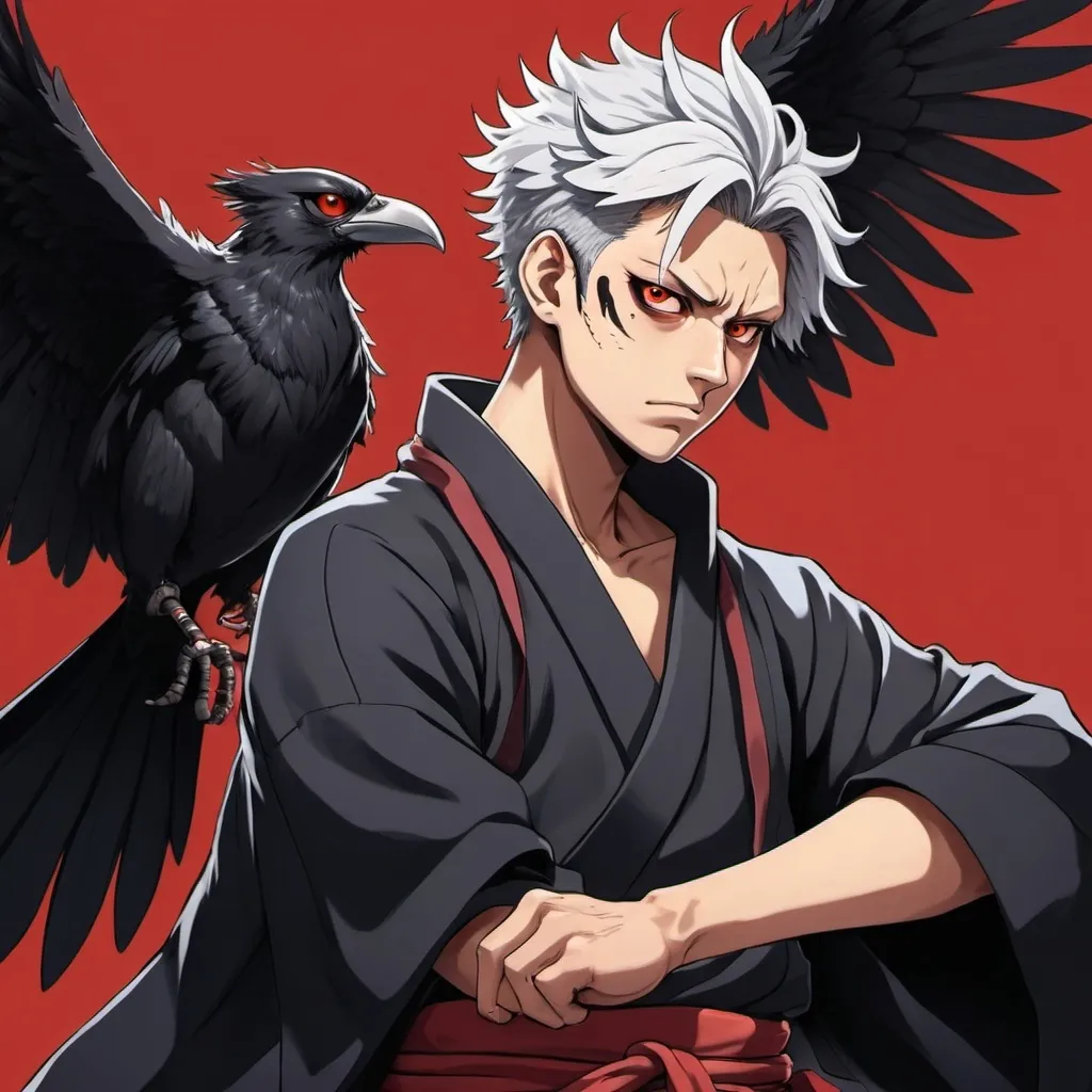 Prompt: 2d Jujutsu Kaisen anime style, defiant male handsome karasu crow tengu samurai, college age, late twenties, defiant gaze, human appearance, wings, expressive facial expression, traditional tengu clothes,