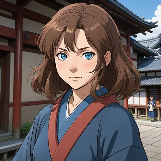 Prompt: 2d studio ghibli anime style, defiant female college professor, brown shoulder length hair, intense blue eyes, expressive facial features, bold gaze, mature woman. time travel to sengoku Japan. sengoku era traveling clothes.
