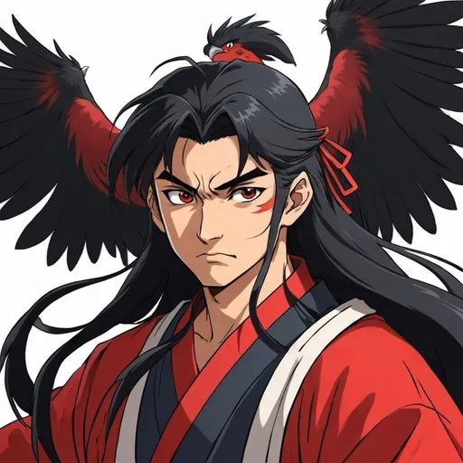 Prompt: 2d InuYasha anime style, defiant male handsome karasu crow tengu samurai, college age, late twenties, defiant gaze, human appearance, wings, expressive facial expression, traditional tengu clothes, Heian era clothes