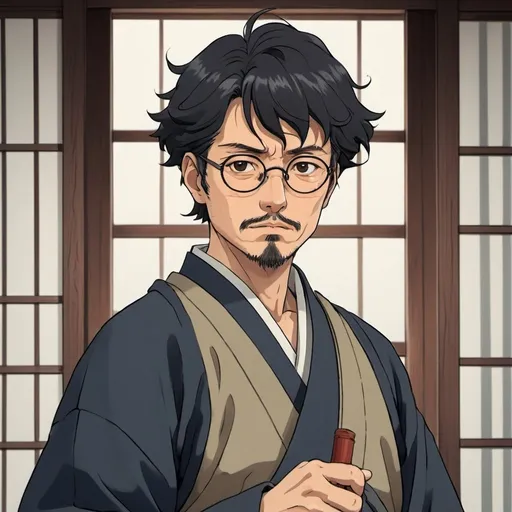 Prompt: 2d studio ghibli anime style, defiant male Japanese professor, black hair, intense eyes, expressive facial features, bold gaze, middle aged. time travel to sengoku Japan. sengoku era traveling clothes. glasses
