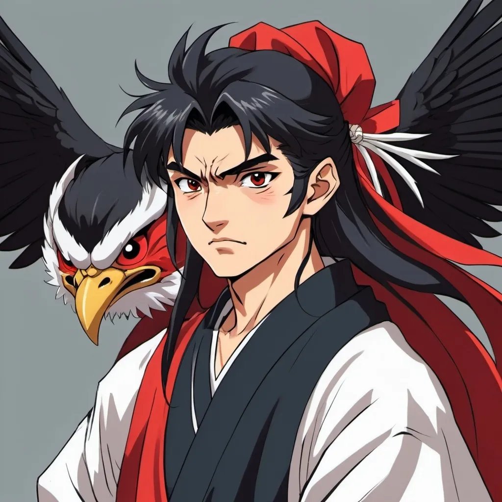 Prompt: 2d InuYasha anime style, defiant male handsome karasu crow tengu samurai, college age, late twenties, defiant gaze, human appearance, wings, expressive facial expression, traditional tengu clothes,