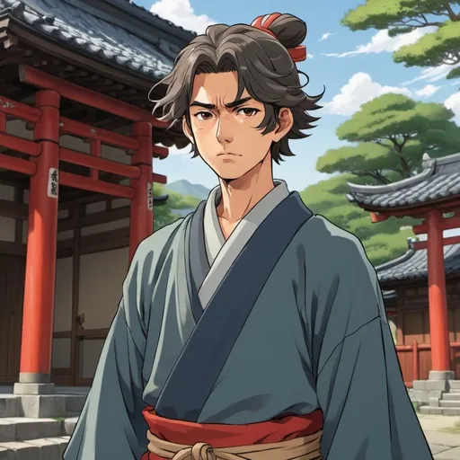 Prompt: 2d studio ghibli anime style, defiant male shinto shrine keeper, college age, late twenties, defiant gaze, expressive facial expression, sengoku era traveling clothes.