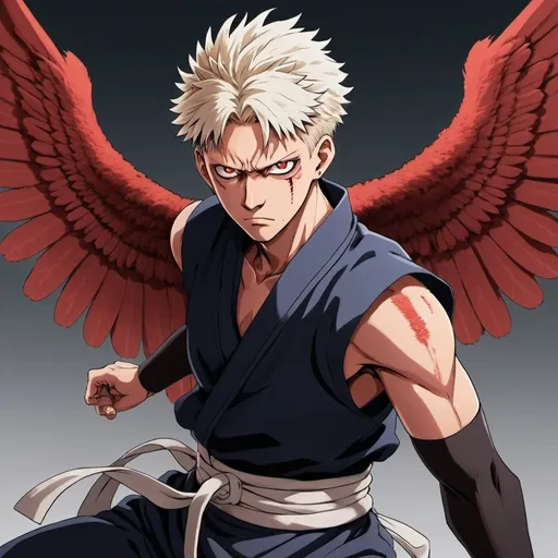 Prompt: 2d Jujutsu Kaisen anime style, defiant male handsome daitengu warrior prince, early thirties, defiant gaze, human appearance, wings, expressive facial expression, traditional tengu clothes, azuchi Mamoyama period, protagonist energy