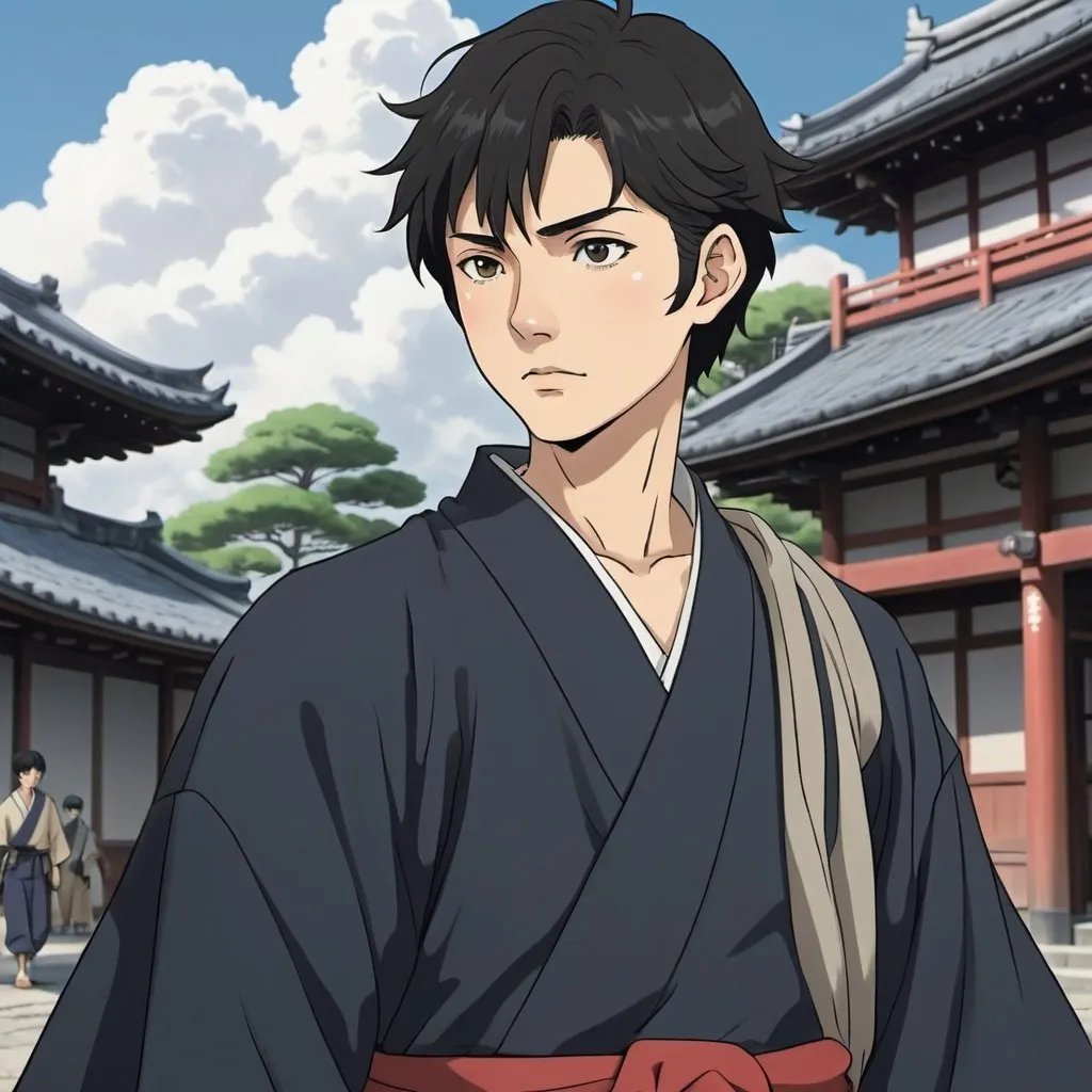 Prompt: 2d studio ghibli anime style, defiant male Japanese college age man, short black hair, intense eyes, expressive facial features, bold gaze, late twenties. time travel to sengoku Japan. sengoku era traveling clothes.
