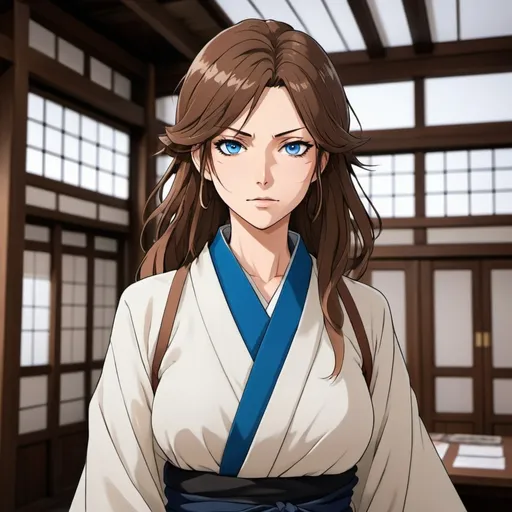 Prompt: 2d BLEACH anime style, female college professor, brown shoulder length hair, intense blue eyes, expressive facial features, bold gaze, mature woman. time travel to sengoku Japan. sengoku era traveling clothes.
