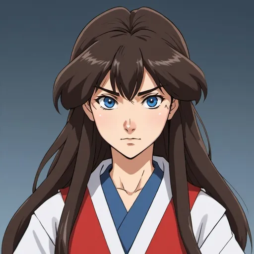 Prompt: 2d Inuyasha anime style, female college professor, brown shoulder length hair, intense blue eyes, expressive facial features, bold gaze, mature woman.
