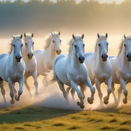 Prompt: Eight (majestic white horses) galloping across a tranquil (morning landscape), soft sunlight breaking through a hazy horizon, casting a golden hue over the dew-kissed grass, serene atmosphere, high-detail, (dynamic movement), vibrant colors, clear blue sky, sweet harmony of nature, (HD quality) image.