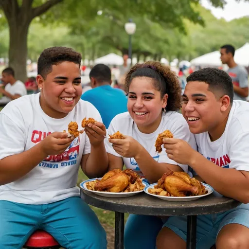 Prompt: 2 fat cuban twin male  teenagers eating chicken in a competition with their cuban mom behind them smiling  in a park afternoon