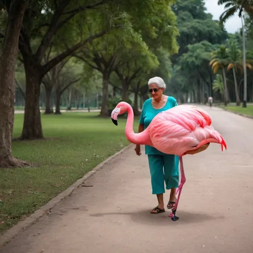 Prompt: a cuban grandmother walking in the park with a pink flamingo flotation