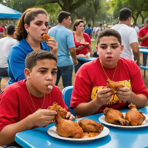 Prompt: 2 fat cuban twin male  teenagers eating chicken in a competition with their cuban mom behind them in a park afternoon