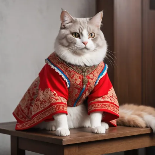 Prompt: A cat is sitting on a table and wear Russian style clothes.
