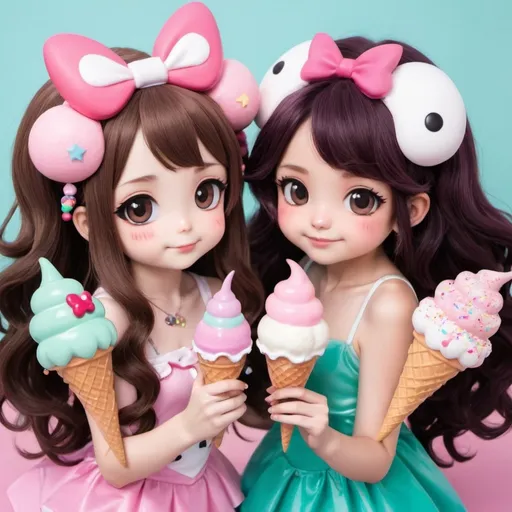 Prompt: Anime girl with brown hair holding My Melody mermaid and the anime girl has a my melody headband and the mermaid is holding a Kerroppi ice cream with Kuromi sprinkles