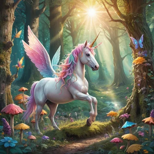 Prompt: Mystical forest scene with unicorn, fairies, and gnomes, vibrant colors, fantasy illustration, sunlight filtering through trees, magical creatures, detailed unicorn horn, whimsical fairies with delicate wings, mischievous gnomes, high quality, fantasy, vibrant colors, detailed creatures, sunlight filtering, mystical atmosphere