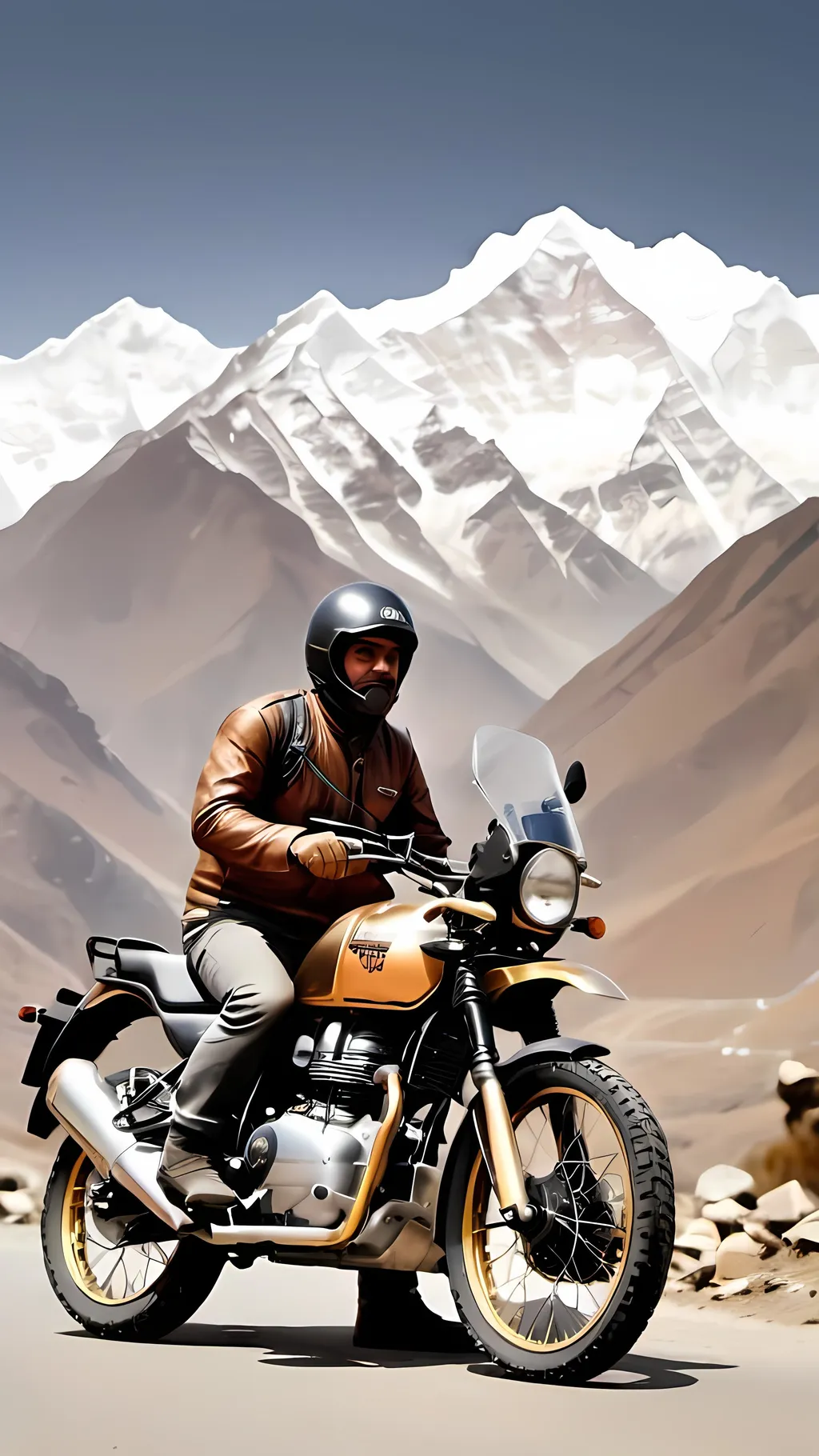 Prompt: Create a copper and goldish brown metallic style logo Himalayas in background and royal Enfield Himalayan 450  with man on it with his complete riding gare in front and image should contain only (Himalayas vs Himalayan)