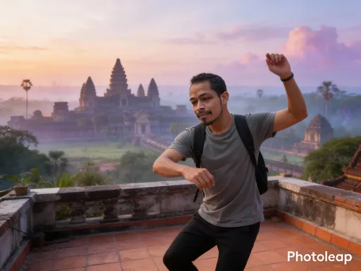 Prompt: the guy is on a wonderfull roof top dancing with a mistical landscape from cambodia