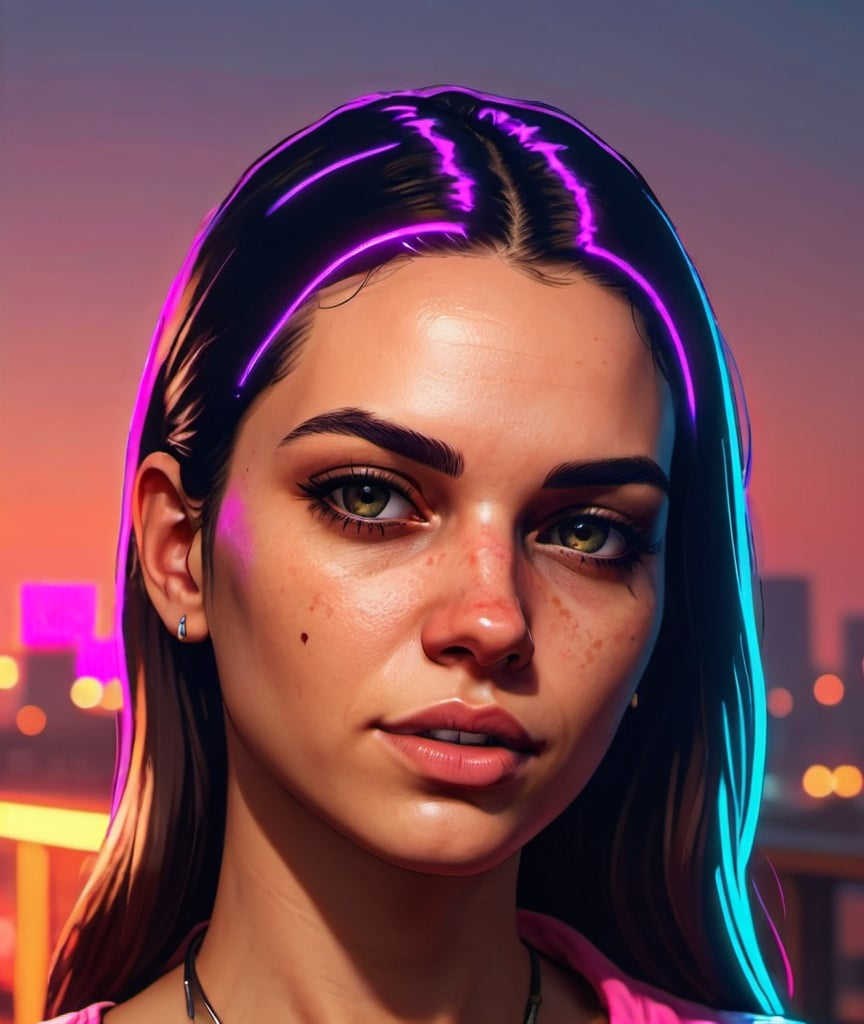 Prompt: Create a women in gta style with neon light, posee in front