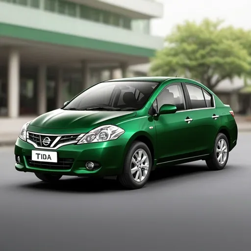 Prompt: Generate an image of a nissan tiida sedan with a deep green colour 
