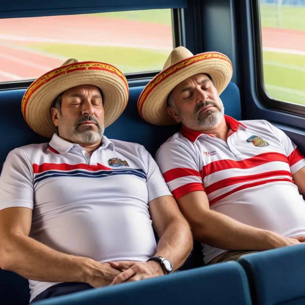 Prompt: Draw a pair of sleeping middle aged men sleeping like babies on the back seat of a coach. They are wearing sports tour attire. One is in a cap, one is in a sombrero 