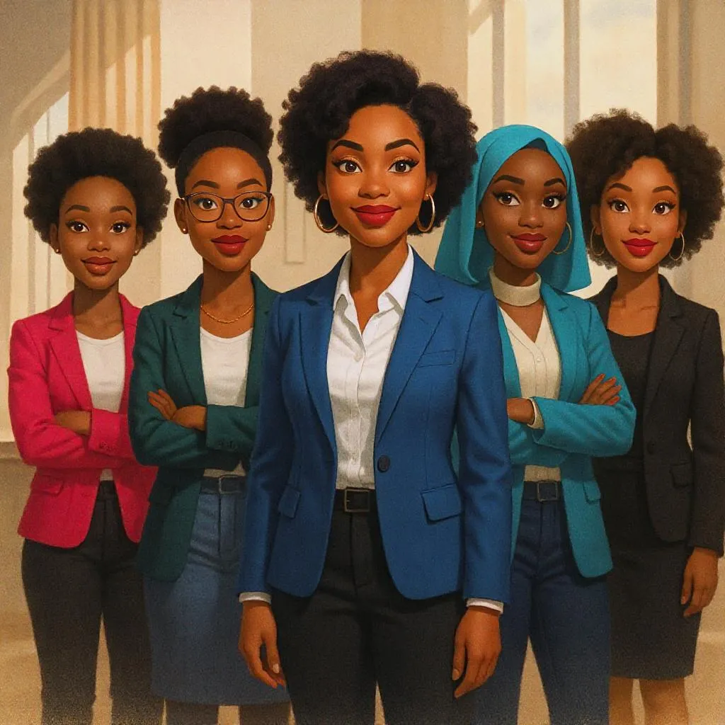 Prompt: Create a cartoon airbrush group of diverse African women in Law in smart casual attire, standing together with confidence  in a summit. 