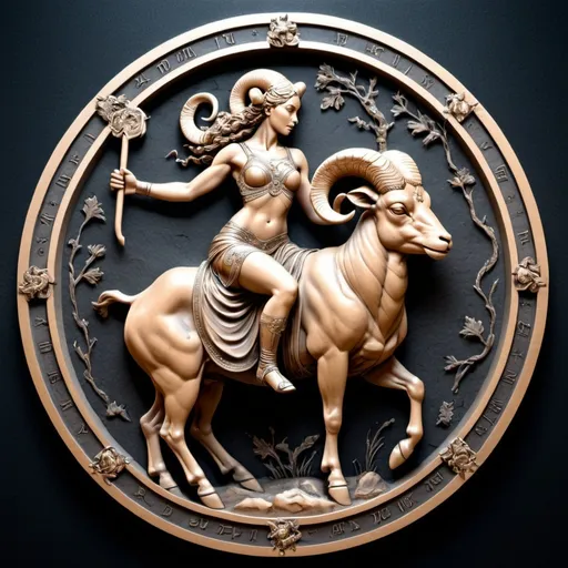 Prompt: Zodiac Sign Aries, bas relief,detailed, a goddess riding a ram design, 3d sculpture, deep engrave, circular coin