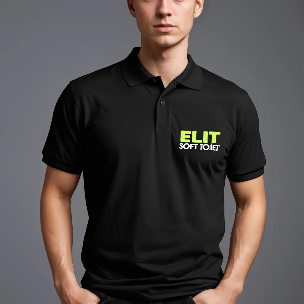 Prompt: A black polo shirt with " ELIT SOFT TOILET PAPER" written in gree with yellow shadow line