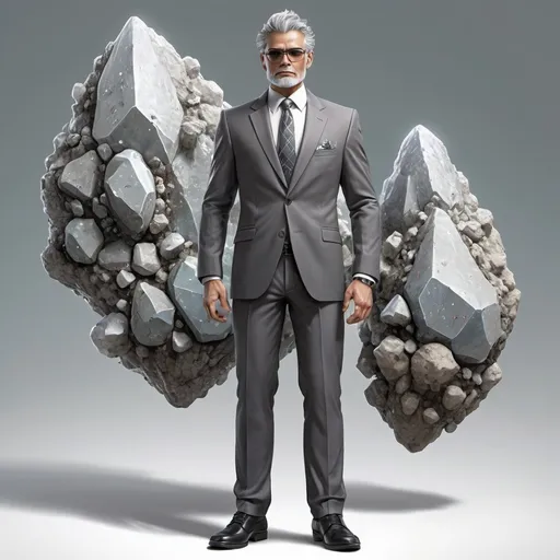 Prompt: Silicon based lifeform that is made up of rock, stone, mineral and Crystals. He wore business suit and grey pants, with back shoes, concept art