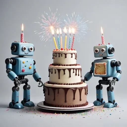 Prompt: Can you draw a picture of a few robots blowing a birthday cake?
