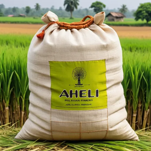 Prompt: desigin a indain Rice bag ,with and with indian farmers background  photo  .
Brand name Aheli .
Rice name swarna 
Bag size must be written 26 kg 
