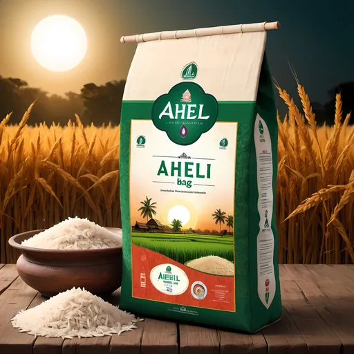 Prompt: desigin a indain Rice bag ,with and with indian farmers background  photo  .
Brand name Aheli .
Rice name swarna 
Bag size must be written 26 kg 
